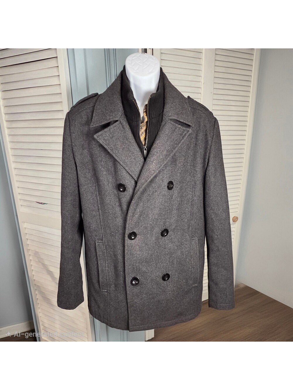Kenneth Cole Reaction Men's L Charcoal Wool Blend Double Breasted Peacoat